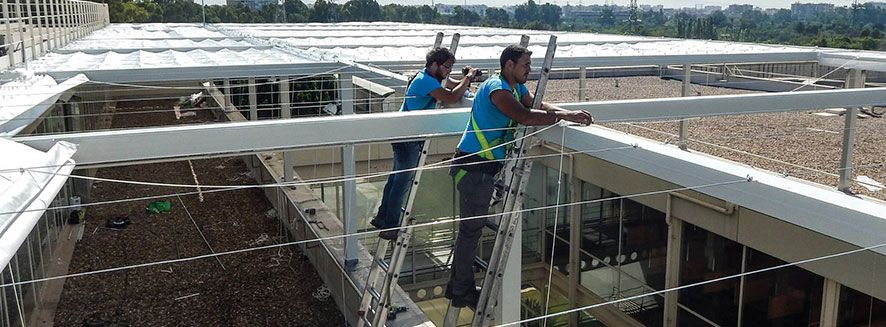 Toldos Chamorro hombres instalando toldo